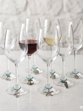 Nautical Wine Glass Charms Set (8) | Beach Anchor Starfish Teal Beads
